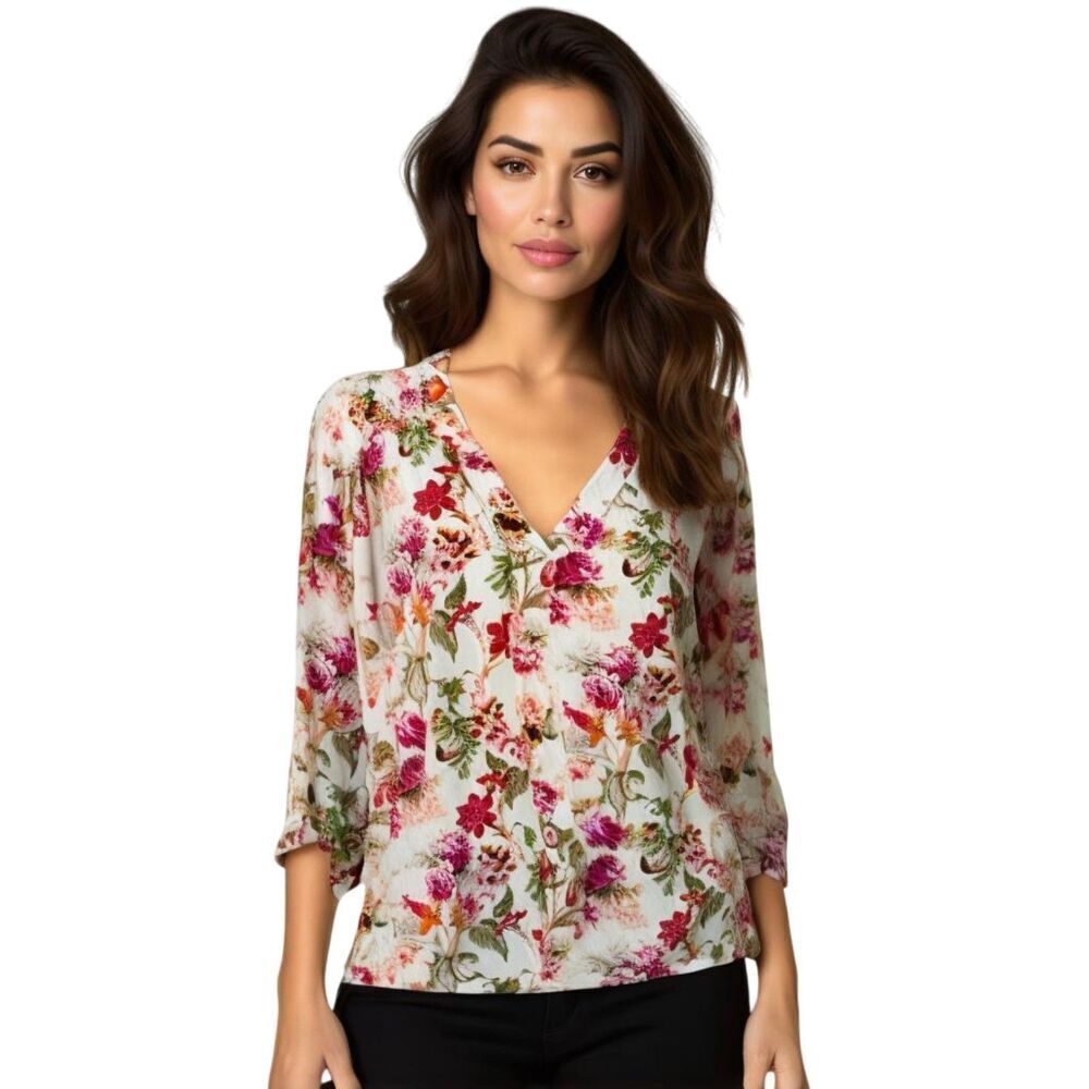 Cynthia Rowley Floral 3/4 Sleeve V-Neck Top Size XL
